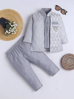 FOURFOLDS - Boys Grey Cotton Blend Chevron Sequined Sherwani with Pyjama