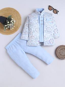 FOURFOLDS - Boys Light Blue Cotton Blend Floral Sherwani with Pyjama