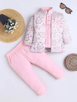 FOURFOLDS - Boys Pink Cotton Blend Floral Sherwani with Pyjama