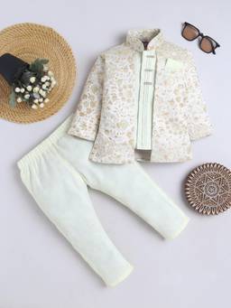 FOURFOLDS - Boys Yellow Cotton Blend Floral Sherwani with Pyjama