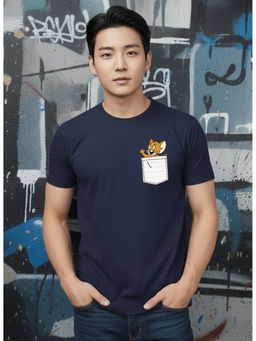 Greylongg - Navy Blue Men Graphic Printed Round Neck T-Shirt