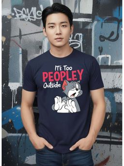 Greylongg - Navy Blue Men Graphic Printed Round Neck T-Shirt