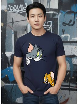 Greylongg - Navy Blue Men Graphic Printed Round Neck T-Shirt