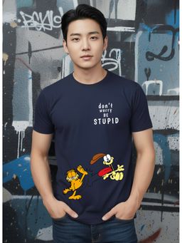 Greylongg - Navy Blue Men Graphic Printed Round Neck T-Shirt