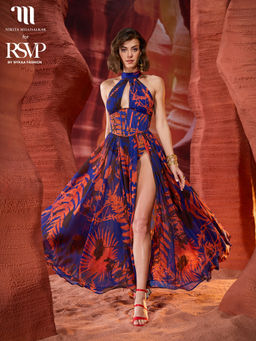 RSVP by Nykaa Fashion - Nikita Mhaisalkar Blue and Rust Floral Print Plunge Neck Maxi Dress with Bikini Bottom (Set of 2)