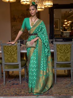 Akhilam - Womens Silk Blend Sea Green Woven Designer Saree with Unstitched Blouse