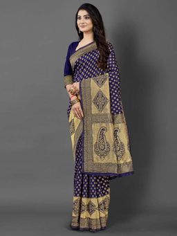 Akhilam - Women Silk Blend Navy Blue Celebrity Saree with Unstitched Blouse
