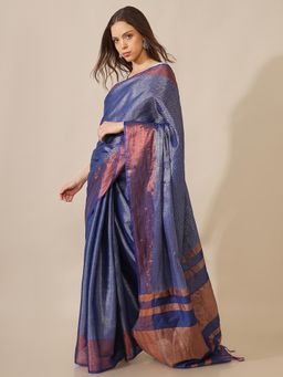 SAAKI - Sohini Chevron Weave Navy Blue Saree with Unstitched Blouse