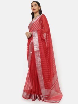 SAAKI - Varuna Red Striped Saree with Unstitched Blouse