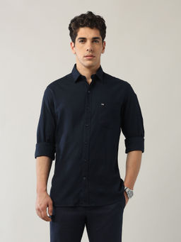Arrow Sports - Men's Navy Blue Self Design Pure Cotton Slim Fit Shirt
