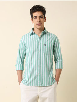 U.S. POLO ASSN. - Men's Green Pure Cotton Vertical Striped Shirt