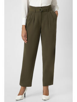 Van Heusen - Women Olive Solid Casual Slim Fit Trousers with Belt (Set of 2)