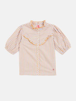 Blue Giraffe - Girls Yellow Striped Ruffled Neck Short Sleeves Ruffled Top