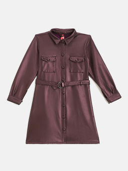 Blue Giraffe - Girls Wine Solid Spread Collar Full Sleeves A-Line Shirt Dress with Belt