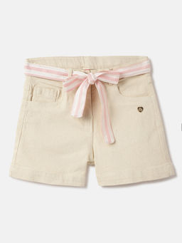 Blue Giraffe - Girls Cream Solid Mid-Rise Regular Fit Denim Shorts