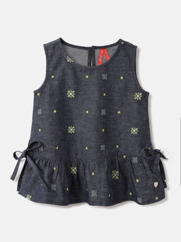 Blue Giraffe - Girls Navy Blue Embroidered Round Neck Sleeveless Peplum Top