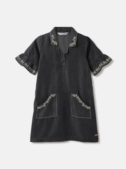 ELLE - Girls Black Embroidered Short Sleeves A-Line Dress