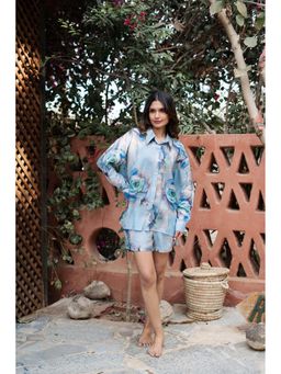 SAY - Women Blue Viscose Rayon Shirt with Short (Set of 2)