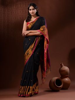 CHARUKRITI - Black Cotton Handspun Handwoven Saree with Paisley Border with Unstitched Blouse