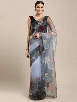 Vastranand - Grey Organza Floral Print Party Wear Saree with Unstitched Blouse