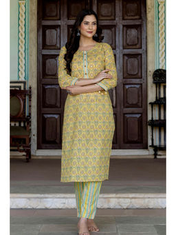 Kohsh - Yellow and Green Cotton Silli Kurta and Trousers (Set of 2)