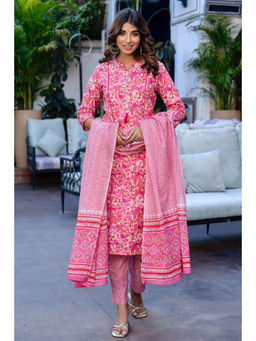 Kohsh - Pink Floral Printed Pure Cotton Kurta and Trousers with Dupatta (Set of 3)