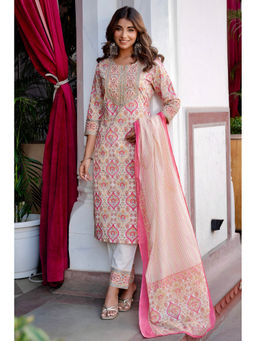 Kohsh - Cream and Pink Festive Wear Cotton Kurta and Trousers with Dupatta (Set of 3)