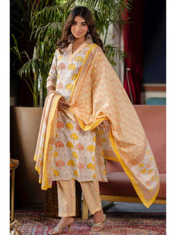 Kohsh - Yellow V-Neck Geometric Print Cotton Kurta and Trousers with Dupatta (Set of 3)
