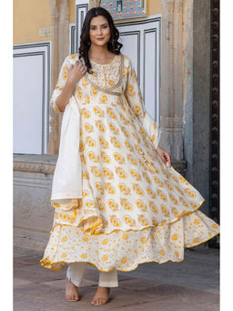 Kohsh - Off-White Printed Flare Anarkali Kurta and Trousers with Dupatta (Set of 3)