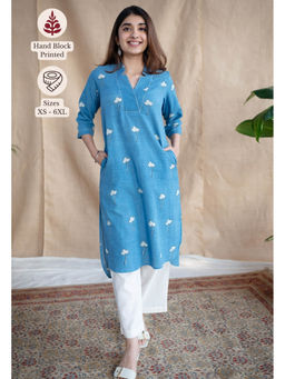 The Indian Ethnic Co. - Blue Straight Dabu Slub Cotton Kurta Printed V Neck With Embroidered