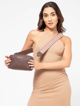 Berrylush - Brown Textured Structured Sling Bag With Quilted