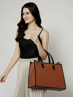 Berrylush - Tan Women Structured Handheld Bag With Detachable Strap