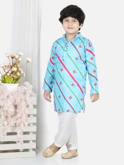 Kinder Kids - Blue Leheriya Printed Kurta with White Cotton Pajama (Set of 2)
