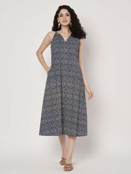 SPARSA - Printed Sleeveless A-Line Cotton Blue Midi Dress