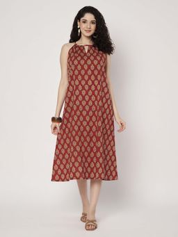 SPARSA - Printed Sleeveless A-Line Cotton Maroon Midi Dress