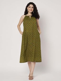 SPARSA - Printed Sleeveless A-Line Cotton Green Midi Dress