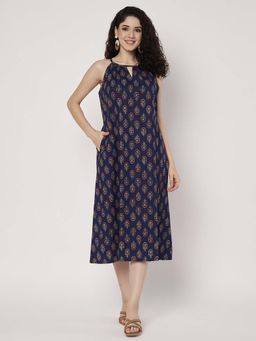 SPARSA - Printed Sleeveless A-Line Cotton Navy Blue Midi Dress