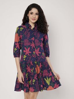 SPARSA - Floral Printed Short Cotton Blue Dress