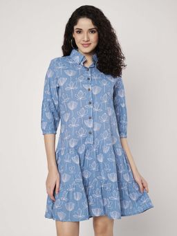 SPARSA - Women Floral Printed Short Cotton Blue Dress
