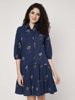 SPARSA - Floral Printed Short Cotton Navy Blue Dress