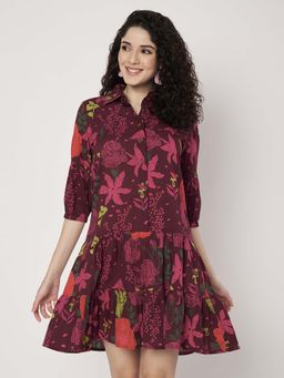 SPARSA - Floral Printed Short Cotton Maroon Dress