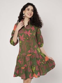 SPARSA - Floral Printed Short Cotton Green Dress