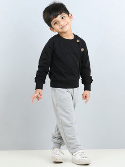 AWW HUNNIE - Black Full Sleeves Button Detailed Solid Sweatshirt with Joggers
