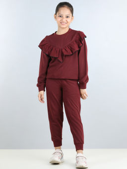 AWW HUNNIE - Maroon Full Sleeves Frill Detailed Solid Sweatshirt with Joggers