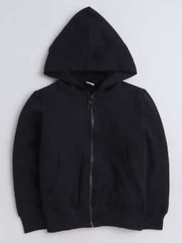 AWW HUNNIE - Black Full Sleeves Solid Front Zipper Hooded Cotton Jacket