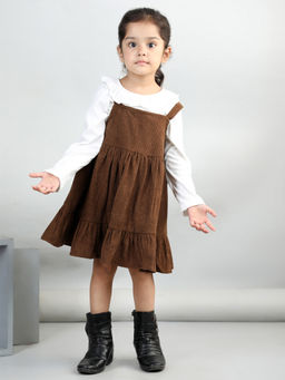 AWW HUNNIE - Brown & White Corduroy Solid Dress with Top