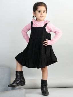 AWW HUNNIE - Pink & Black Corduroy Solid Dress with Top