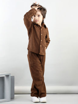 AWW HUNNIE - Brown Corduroy Full Sleeves Shirt with Pant