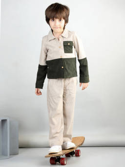 AWW HUNNIE - Beige Corduroy Full Sleeves Colorblock Shirt with Pant