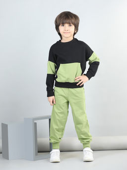 AWW HUNNIE - Green Cotton Looper Full Sleeves Colorblock Sweatshirt with Joggers